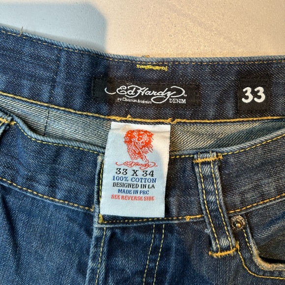 Y2K Super Rare Ed Hardy Army Skull Denim Jeans Christian Audigier Men Size 33 - Picture 6 of 16